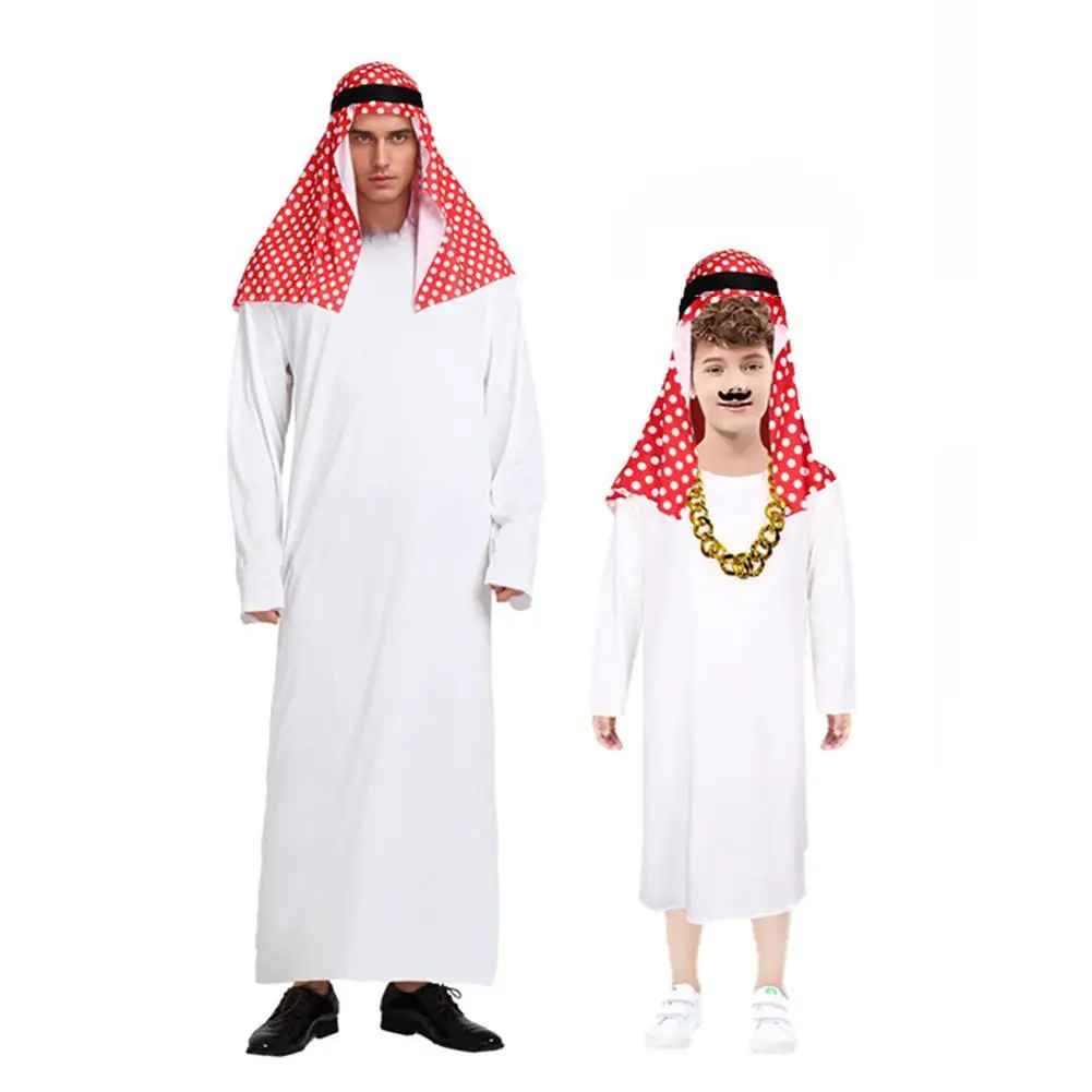 Męska odzież sceniczna dla dorosłych, arabski książę, biała arabska suknia sceniczna, czerwona chusta na głowę, styl Dubai, zachodnia odzież na imprezy handlowe.