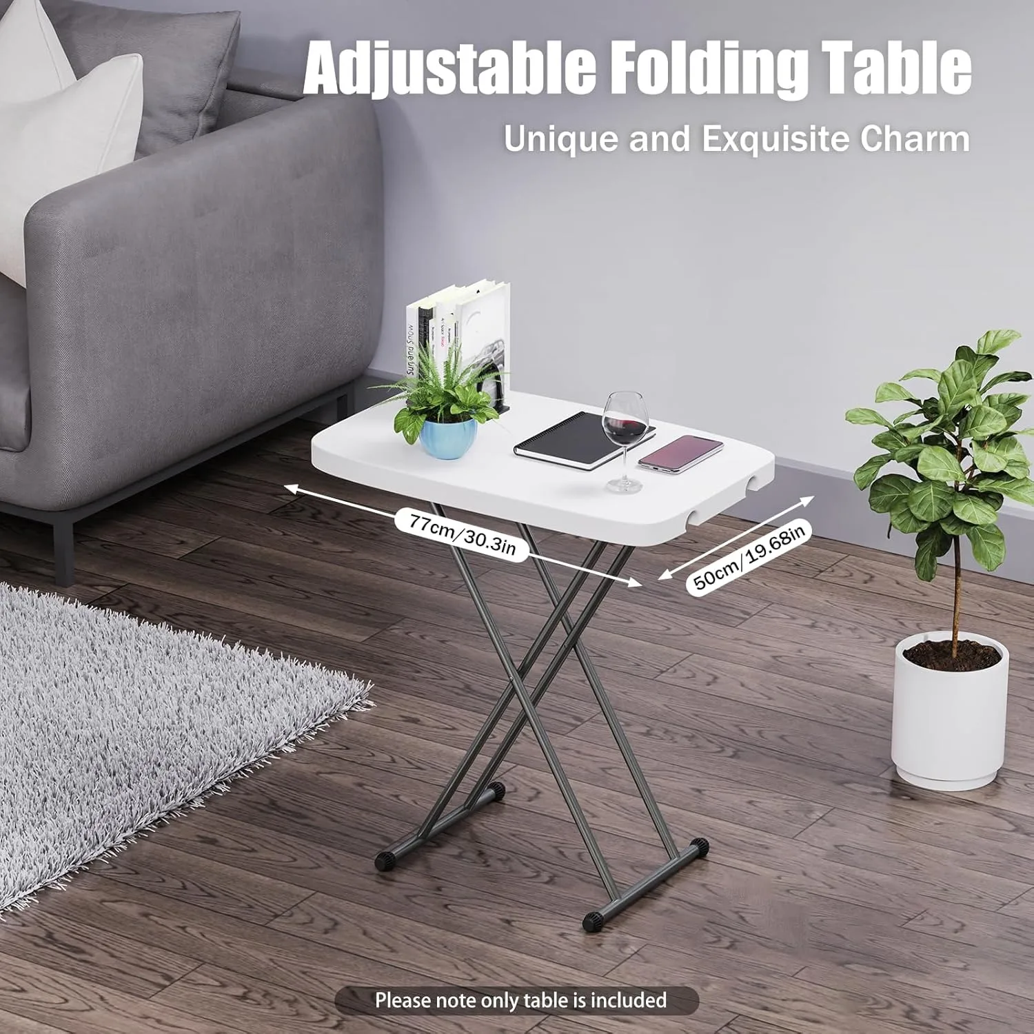 Plastic Adjustable Height Folding Table - No Assembly, White - for Picnic/Party/Travel/Home