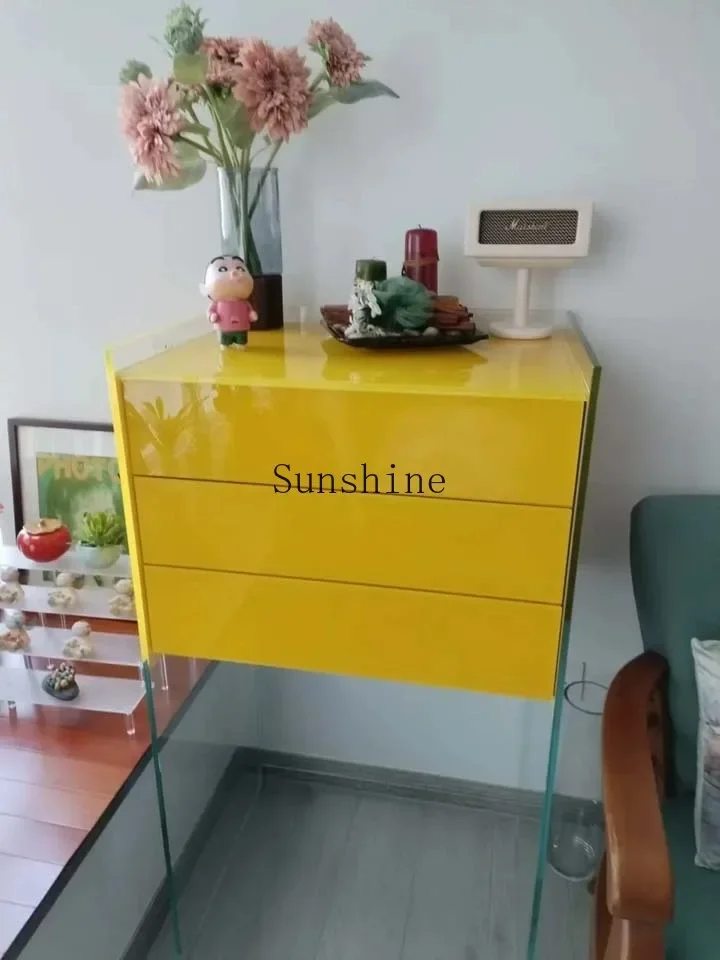 Italian minimalist glass entrance cabinet, entrance door against the wall, living room side cabinet