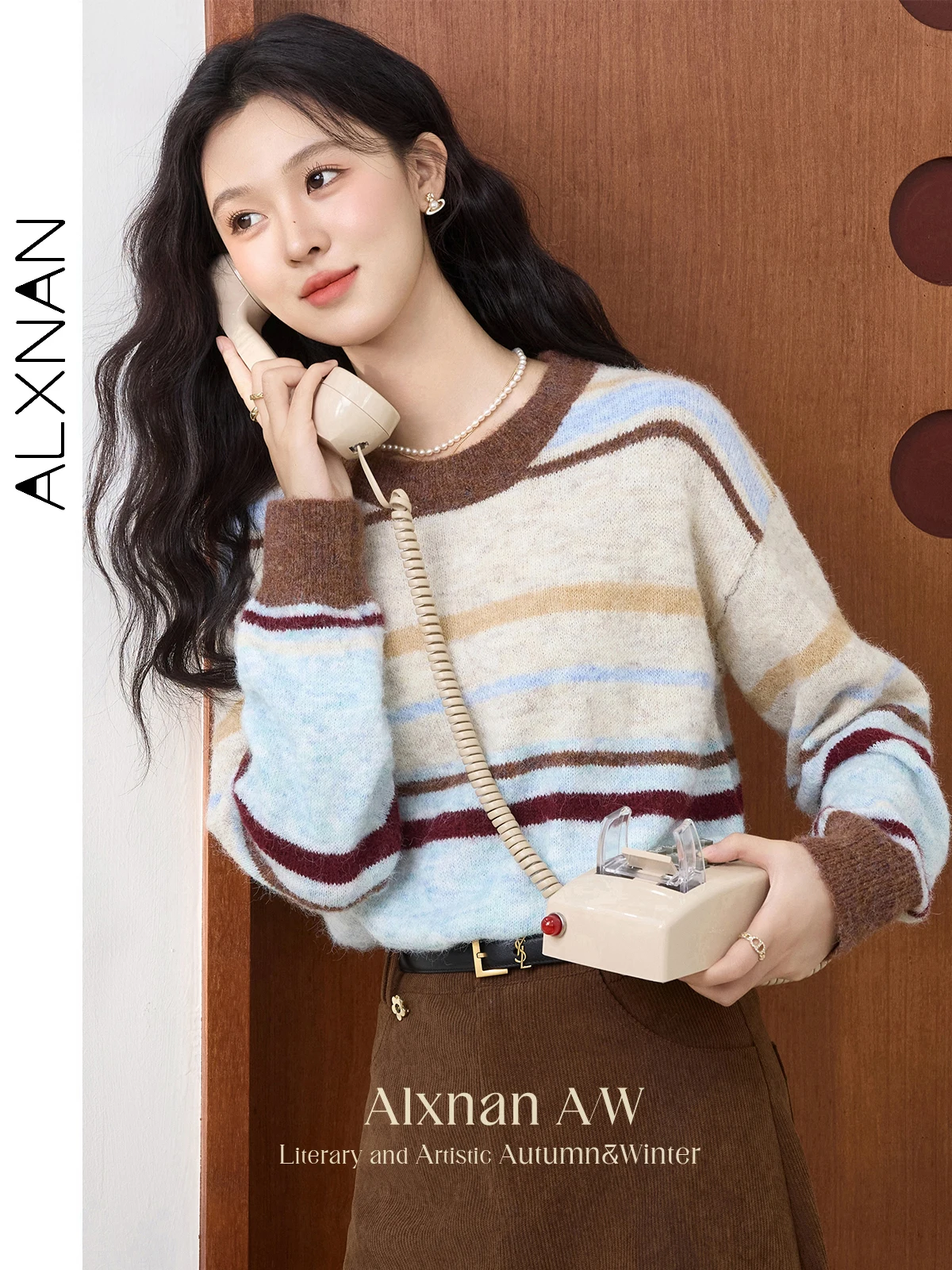 ALXNAN Women's Striped Pullovers Sweet O-neck Long Sleeve Soft Warm Knitted Sweaters 2024 Fall Winter Lady All-match Tops L51527