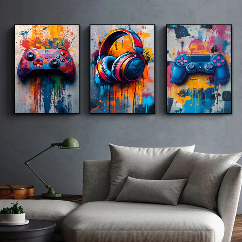 Painted Graffiti Game Controller Posters Abstract Gaming Headphones Canvas Painting Boys Bedroom Playroom Wall Art Home Decor