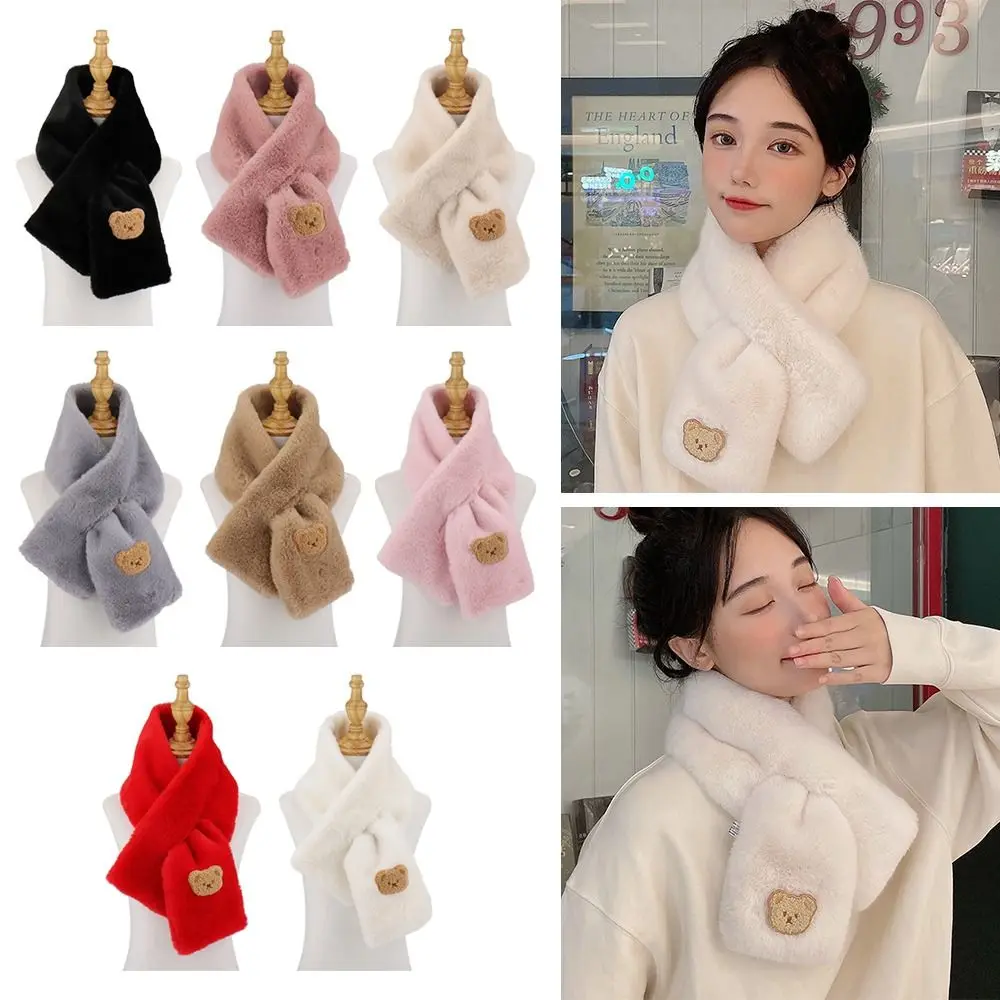 Women Winter Warm Thicken Cross Collar Scarf Cute Bear Solid Color Faux Rabbit Fur Plush Elegant Shawl Scarfs