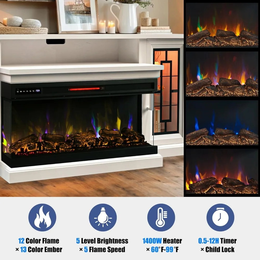 Suporte de TV com lareira elétrica de 75 polegadas, mesa de console moderna de vidro LED de 3 lados para centro de entretenimento de mídia para TVs de até 80/85 polegadas