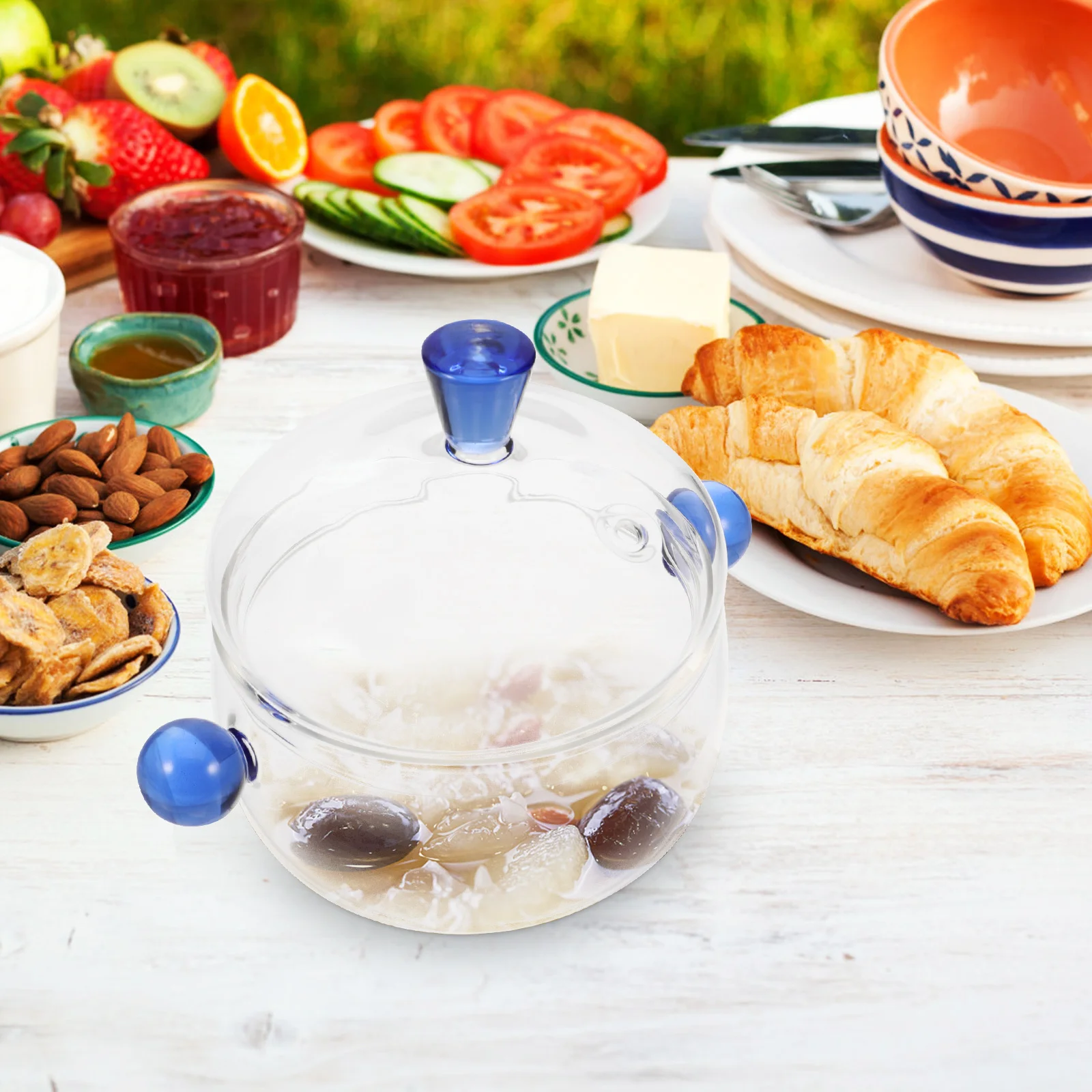 

Glass Stew Bowl Double Handles Clear Pot 350ml Leakproof Cover Kitchen Cooking Pot Soup Bowl Heat Resistant