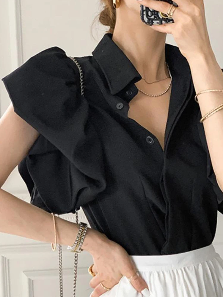 Korean Chic Black Shirt Women Summer Short Sleeve Single Breasted Blouse Female Fashion Casual Turn-down Collar Short Office Top