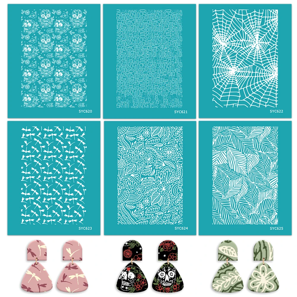 

Polymer Clay Silk Screen Stencils,Reusable Sugar Skull/Spider Web Print Templates,DIY Earring Making Tool for Halloween Handmade