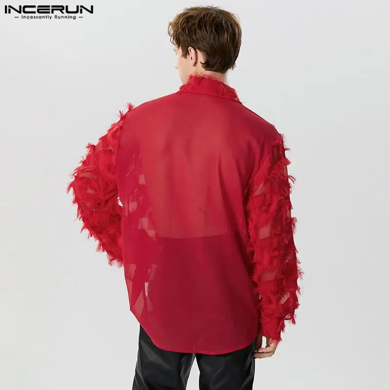 Fashion Casual Style Tops INCERUN New Men\'s Stage Hot Selling Plume Tassel Design Shirts Handsome Male Long Sleeved Blouse S-5XL