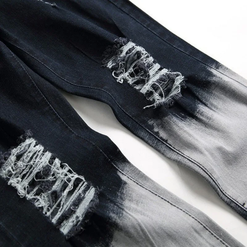 Men's New Zippered Ripped Jeans (without Belt) High Street Motorcycle Straight Slim Fit Casual Fashion Denim Trousers Male