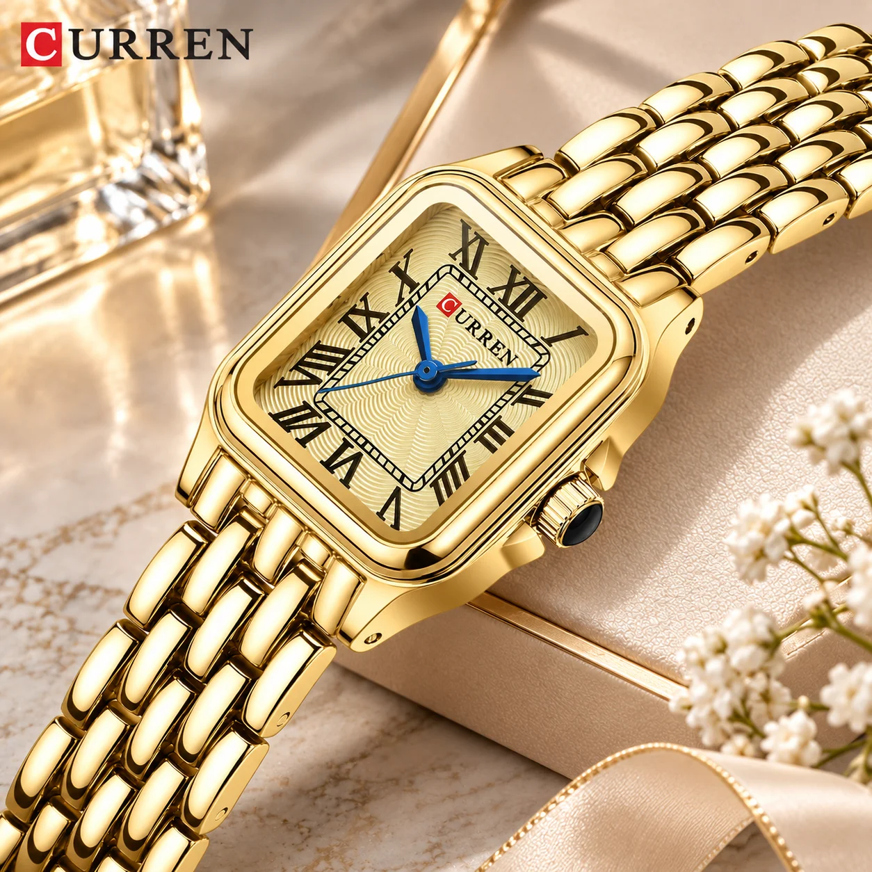 CURREN Brand Women Square Quartz Watch Roman Numeral Dial Luxury Steel Bracelet Elegant Vintage Dress Ladies Wristwatch Gift`