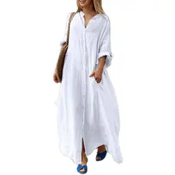Women Cotton Linen Comfortable Dresses Casual Commuter Solid Color Large Size Loose Dress Female Single-breasted Cardigan Gown 4