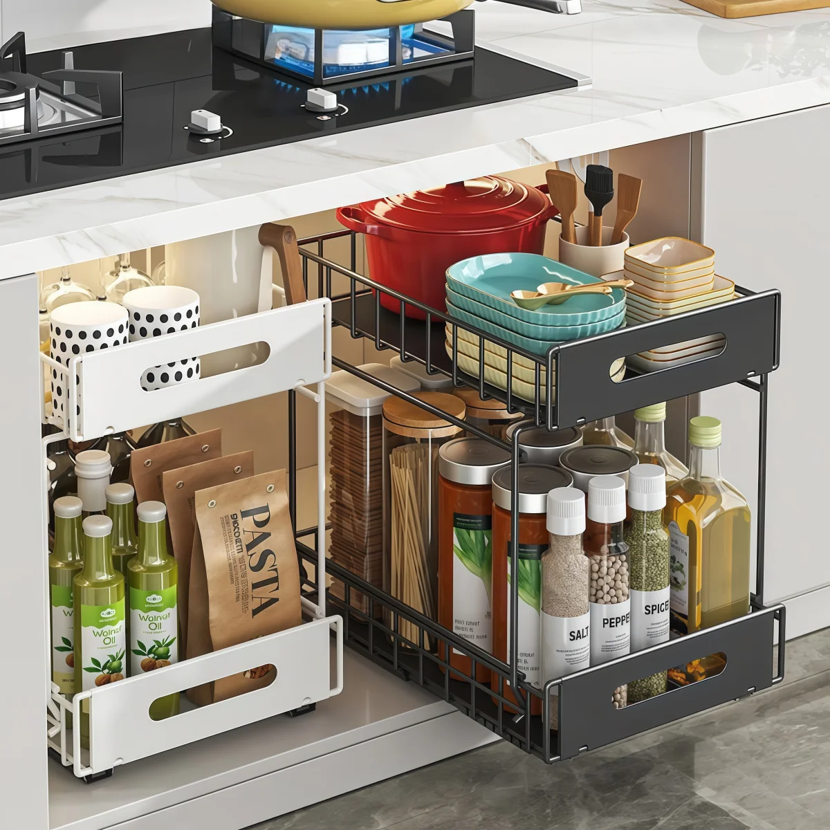 

Двухуровневый выдвижной органайзер для шкафов, выдвижные полки без сверления для кухонных шкафов, двухуровневые выдвижные ящики для хранения, бесшумные направляющие