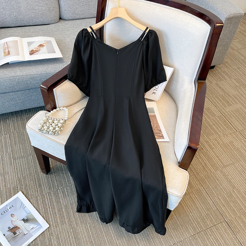 Robe française décontractée grande taille pour femme, tissu polyester à brides superposées, jupe longue noire élégante, robe ample et confortable,