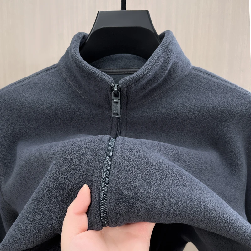 Double-Sided Fleece Zip-Up Hoodie Thickened Warm Stand Collar Jacket for Men Outdoor Camping Traveling Autumn Winter Coat