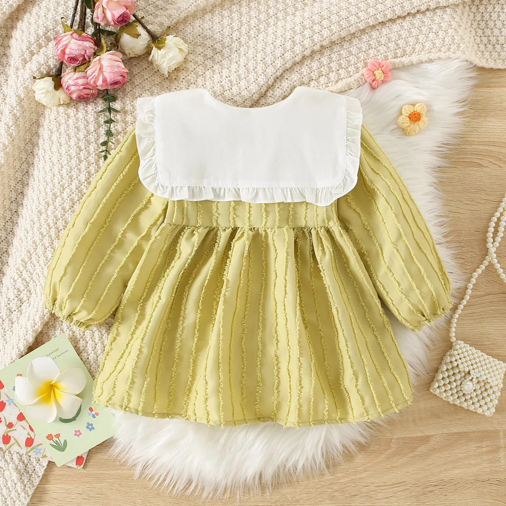 Fall New Girls\' Dress Small Flying Sleeve Lace Pleated Flower Decoration Strip Won-Puffed Sleeve Sweet Princess Dress Round Neck