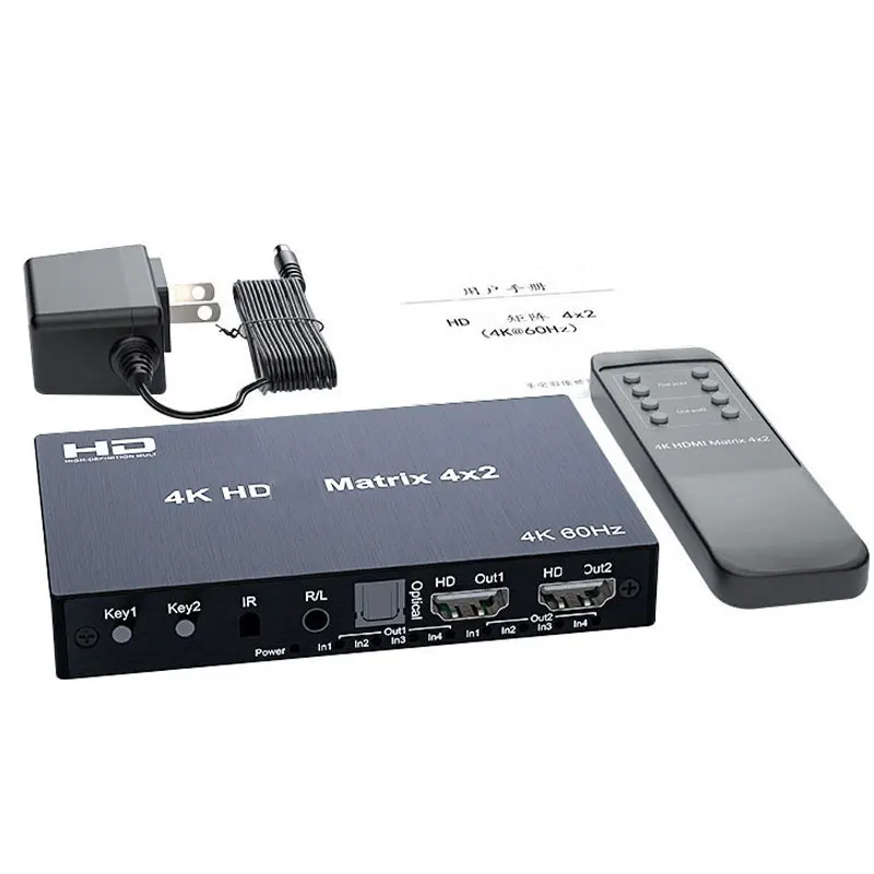 

4K 4x2 Matrix Switch 2x4 HDMI-compatible Video Switch Splitter 2 In 4 out with Optical & R/L Audio Extractor Dolby HDCP2.2