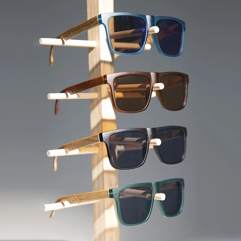 Sonnenbrille mit Federscharnier und Holzmaserung, klassischer Retro-Sonnenbrille mit quadratischem Rahmen, UV400, Unisex, bequeme Passform für den täglichen Freizeitkleidung