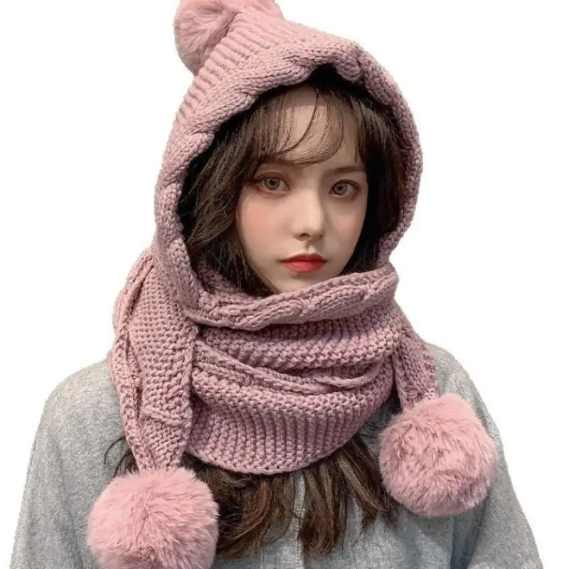 Damen Winter Strickmütze mit integriertem Schal, flauschigen Bommeln, dick und warm für Skifahren, Pendeln und kaltes Wetter – Detail 5