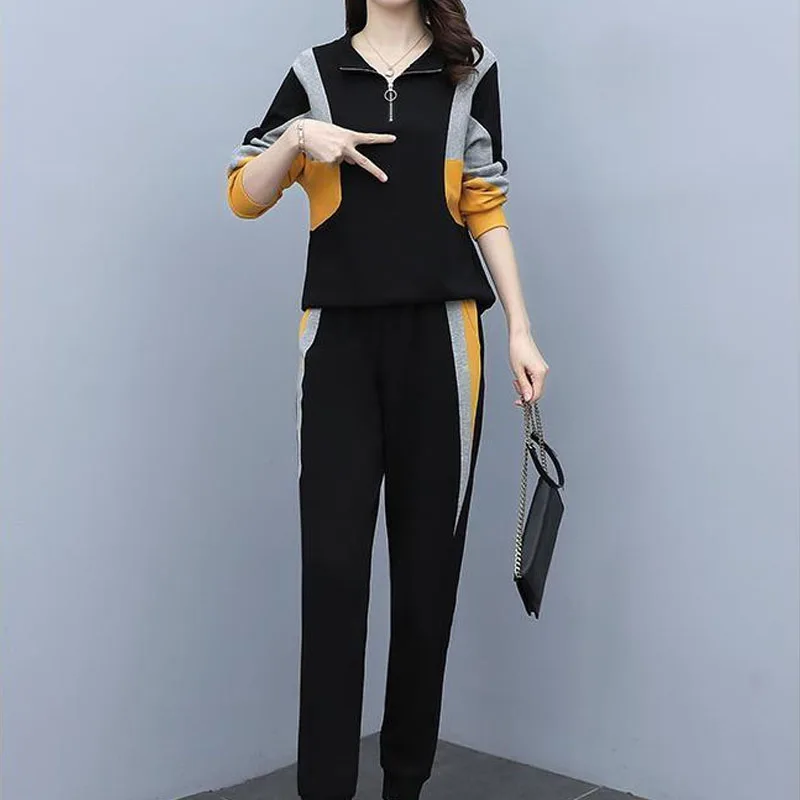 Fashion Contrasting Colors Casual Two Piece Set for Female Loose Stand Collar Zipper Spliced Tops Women\'s Clothing Pant Sets