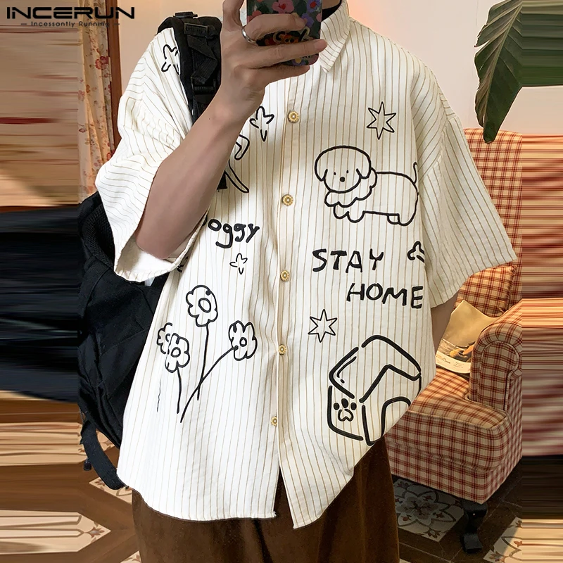 

INCERUN Men Shirt Printing Striped Lapel Short Sleeve Summer Male Tops Streetwear Loose 2026 Shirts Fashion Casual Men Clothing
