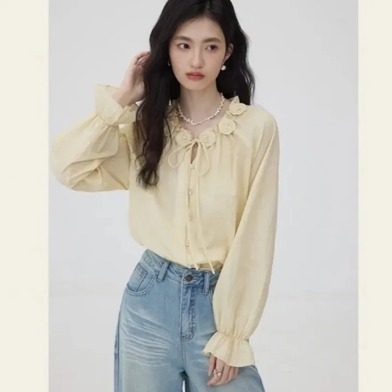 

Женская блузка с рюшами на горловине, завязками спереди, пышными рукавами и прозрачным шифоном, повседневный топ