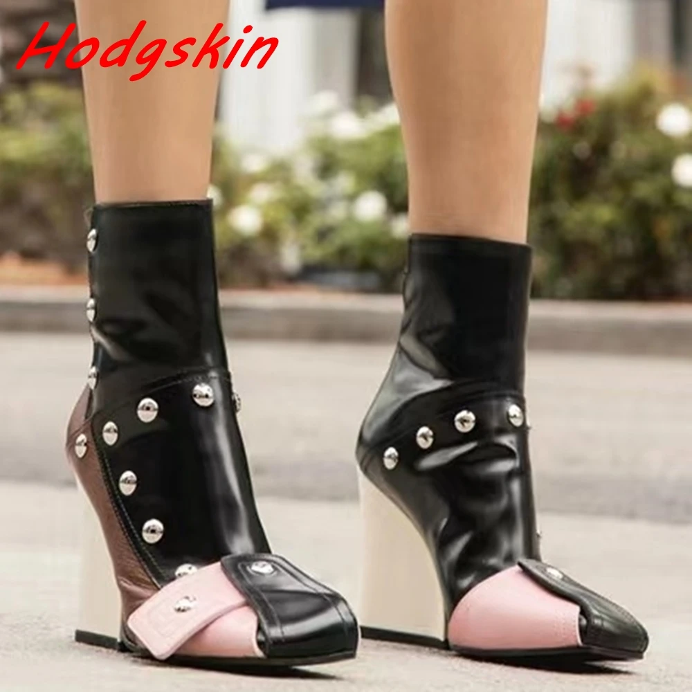 Novelty Button Toe Women Boots Mixed Colors Zipper High Wedges 2024 Newest Runway Show Fashion Leather Ankle Boots