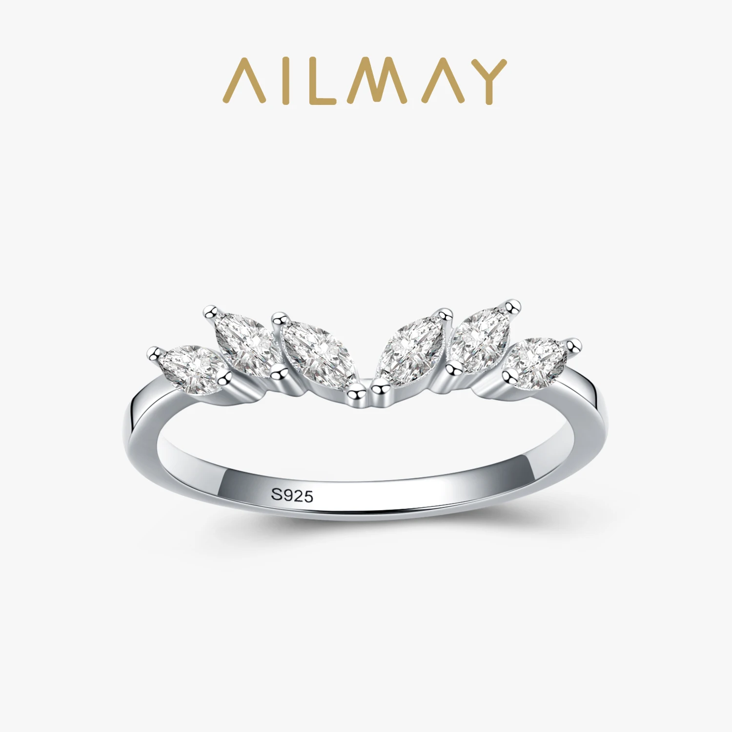 Ailmay 925 Sterling Silver Stackable Zirconia CZ Ring Simple Geometric Design Wing Finger Ring Fine Female Fashion Jewelry