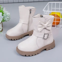 Botas con lazo para niñas pequeñas, zapatos informales con hebilla, versátiles, de Color sólido, a la moda, novedad de primavera, 2023