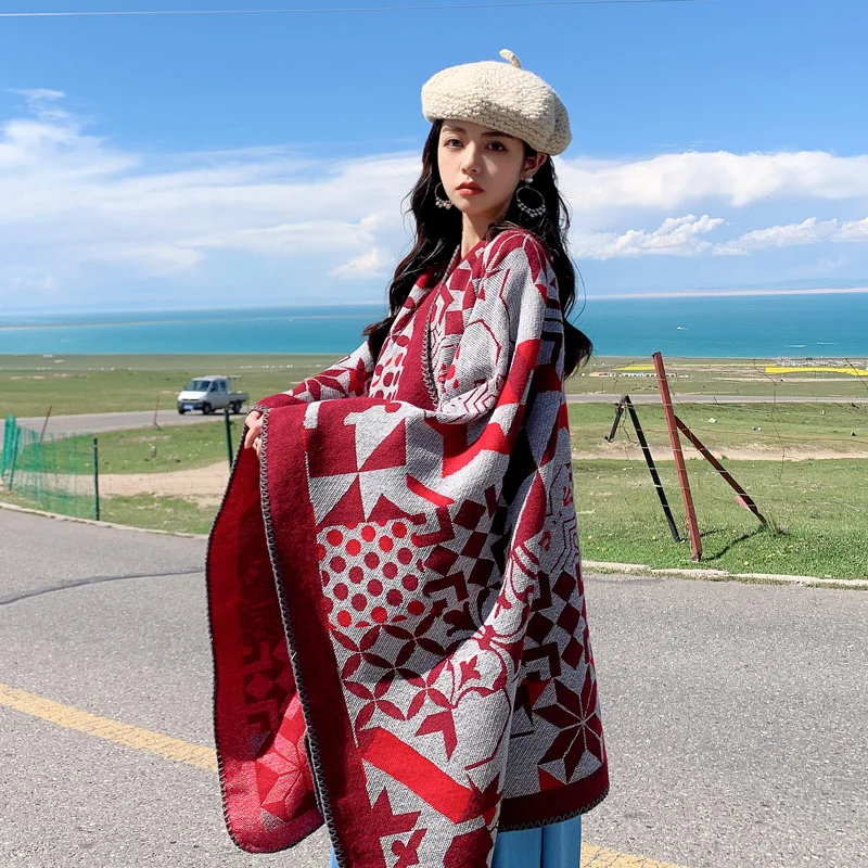 Versatile for autumn and winter travel, ethnic style dual-purpose large shawl, thickened warm cloak, photo friendly large scarf