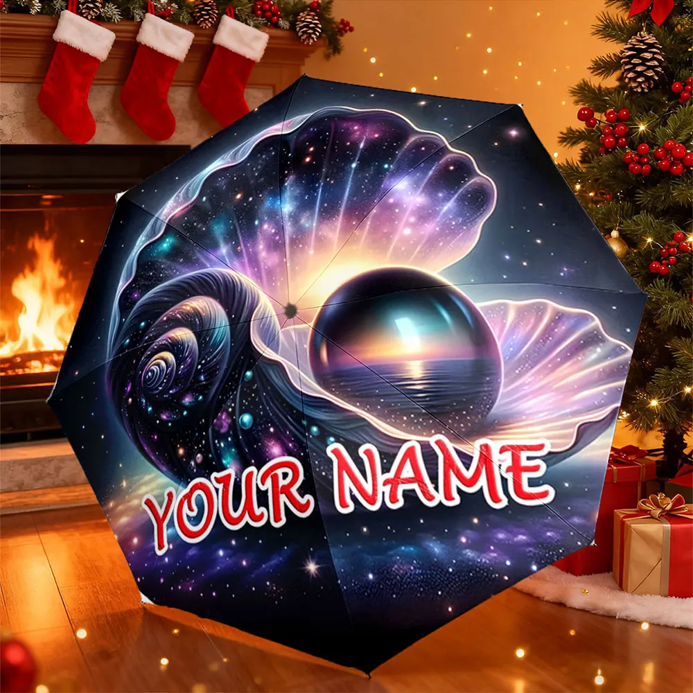 Custom Name Umbrella， Galaxy Shell with Shimmering Pearl Print Foldable Umbrella ,Portable Folding Umbrella, Christmas Gift