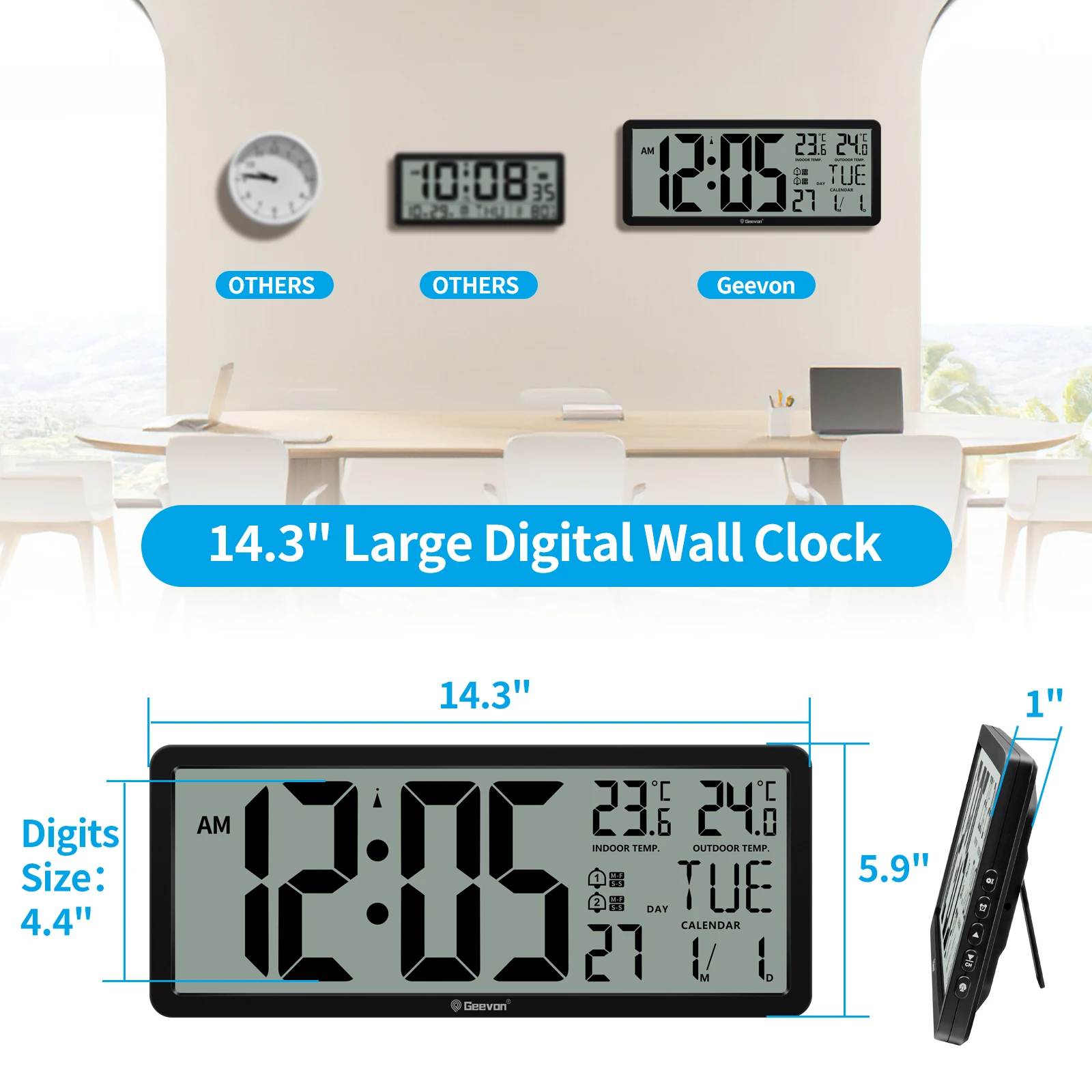 Geevon-Grande relógio de parede Digital LCD com alarme duplo, temperatura interior e exterior, 4,4 polegadas, dígitos para o quarto, 14,3 polegadas