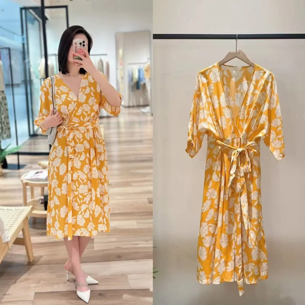 

Платье для похудения с цветочным принтом, V-образным вырезом, длинное, романтичное, с поясом, французский стиль, из глюкозного волокна, рукава «летучая мышь», для чаепития...