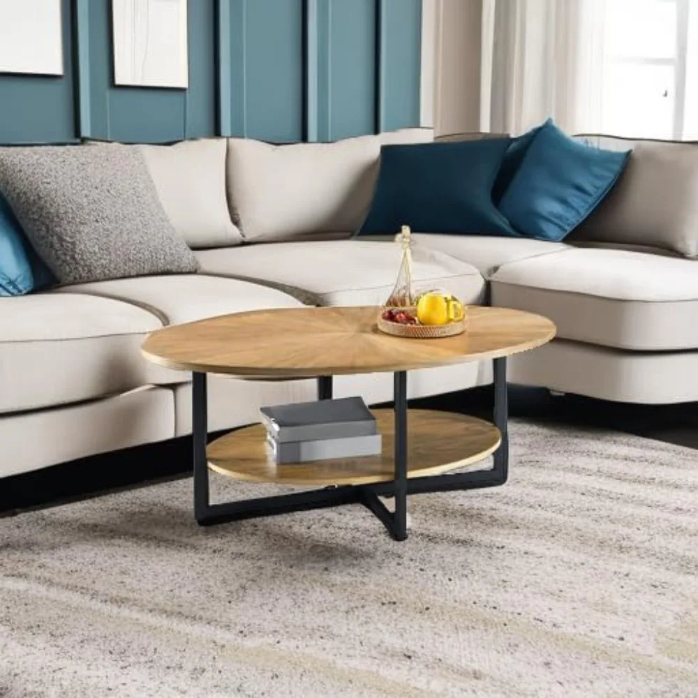Solid Wood Oval Coffee Table with Cross Metal Legs, 43.3in Modern Industrail Center Table with Open Shelf Cocktail Tea Table for