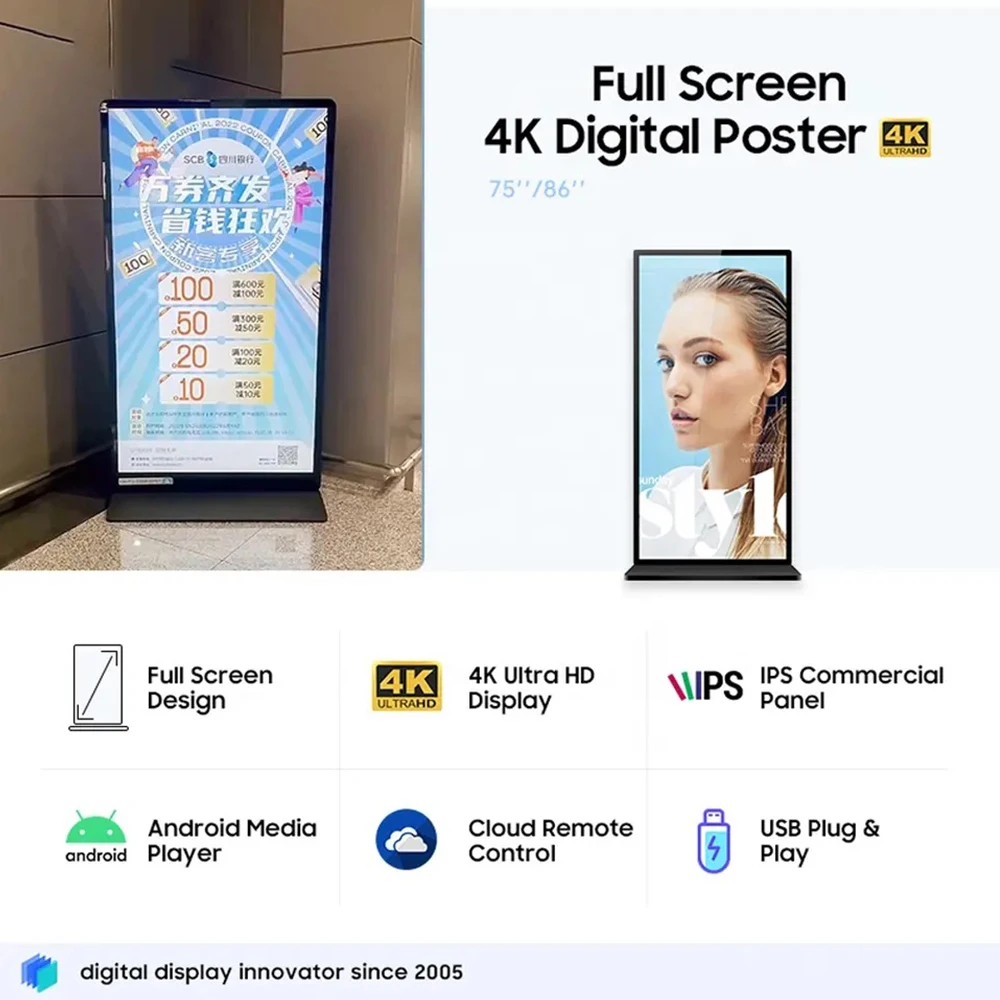 75 Inch Full Screen Indoor 4K Advertenties Display Vloer Staande Reclame Speler Info Poster Wifi Android Lcd Digitale Bewegwijzering Kiosk