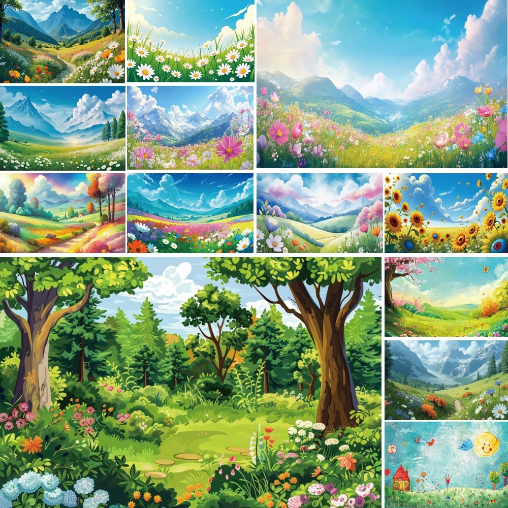 

MOON.QG Spring Landscape Background Photography Green Grass Flower Field Backdrop Child Photo Booth Poster Portrait Photocall