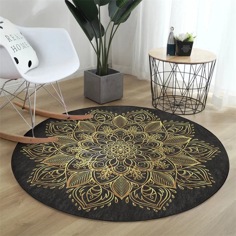 Mandala Round Rug Geometric Floor Carpet Art Deco Non Slip Circle Rugs Traditional Anti Slip Mat Black Area Rugs for Living Room