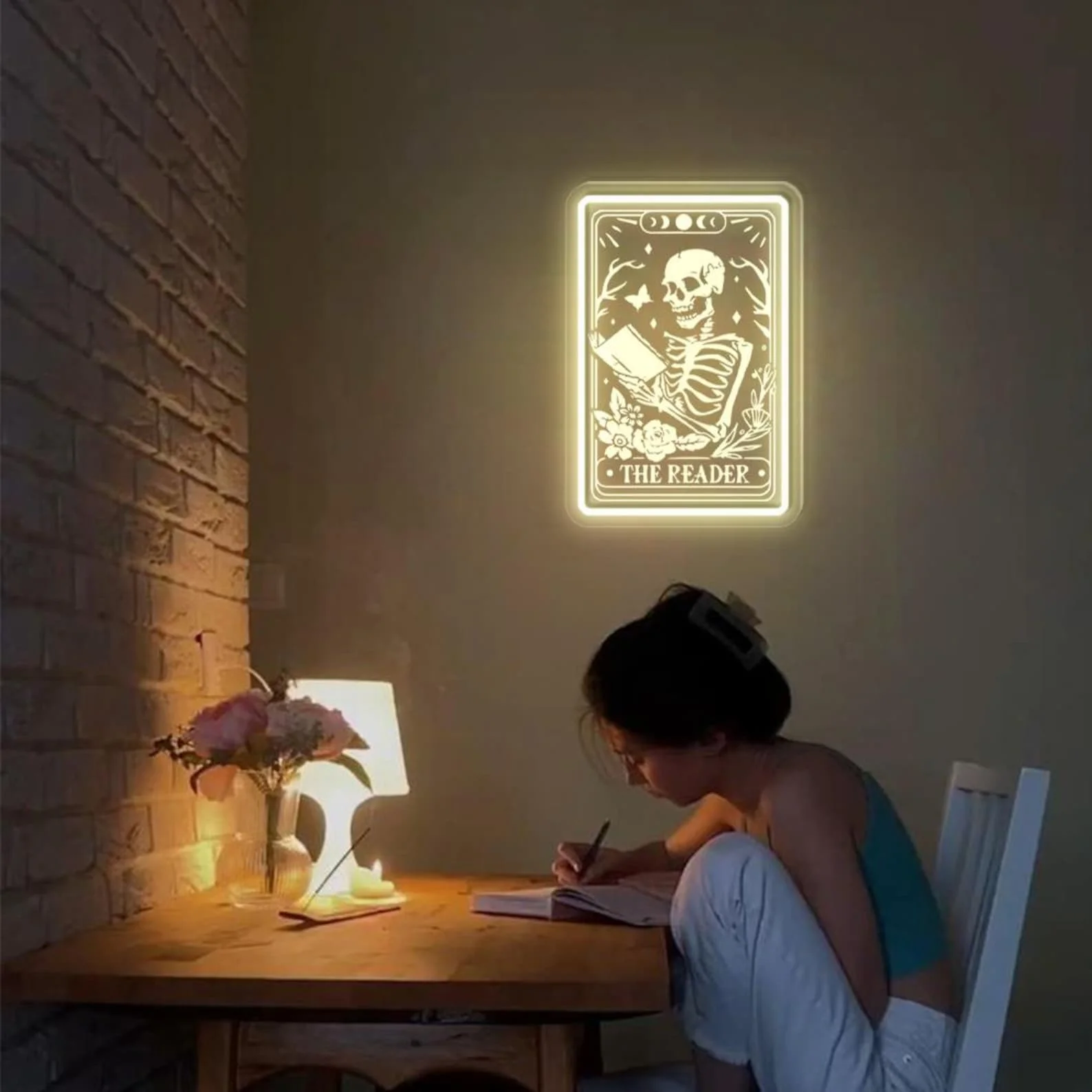 

The Reader Tarot Card Neon Sign Birthday Gifts Skeleton Reading Sign Book Lover Gift For Women Bedroom Living Room Home Decor