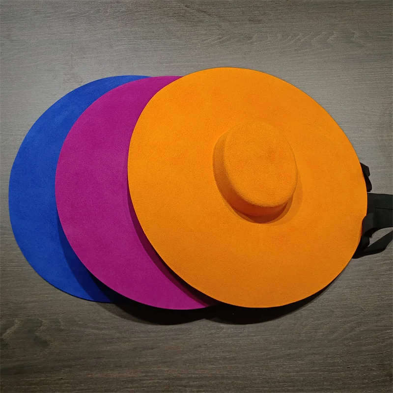 

Оранжевый шерсть 15 см с большими полями для подиума, Южная Африка, новая мода, простой шерстяной короткий цилиндр, женская шерстяная фетровая повязка, плоский топ