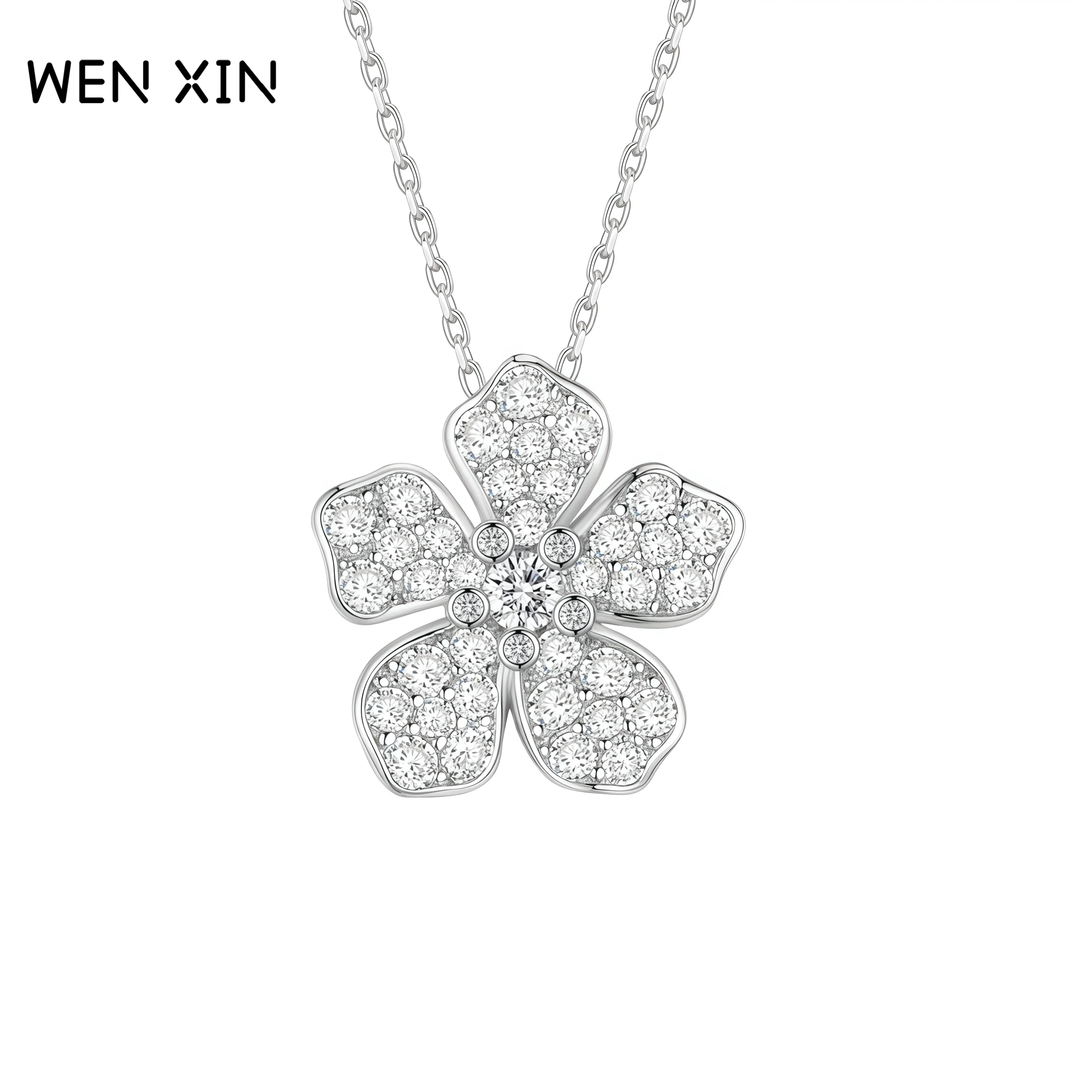

WENXIN, Новое поступление, роскошное ожерелье с пятью бриллиантами в виде цветка, кулон из стерлингового серебра 925, женские ожерелья, ювелирные изделия