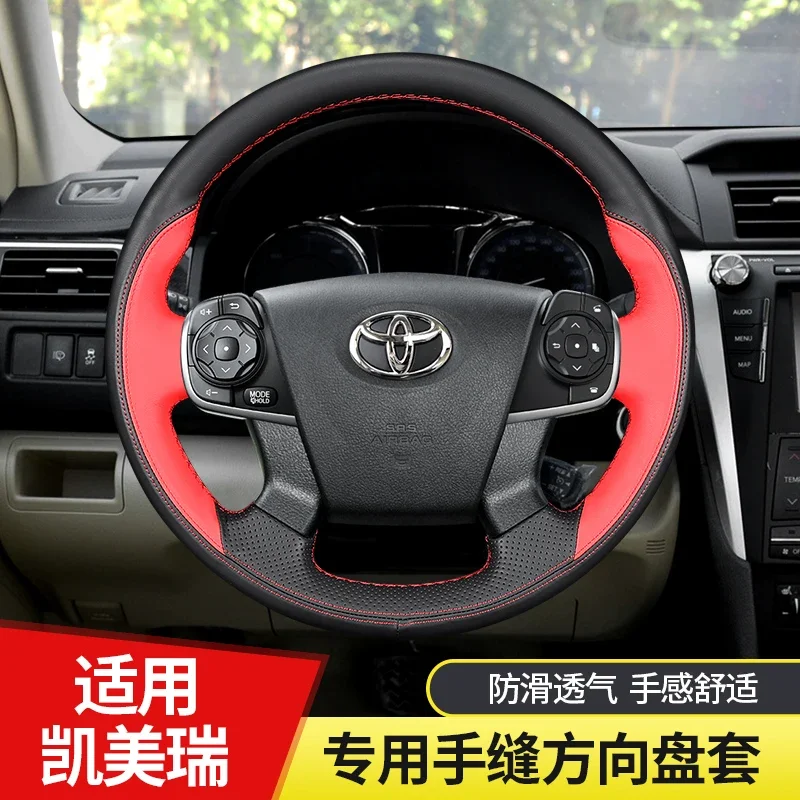 DIY Hand Sewing Steering Wheel Covers For Toyota Camry 2009-22 Black Red Leather Interior Handle Cover Accessories