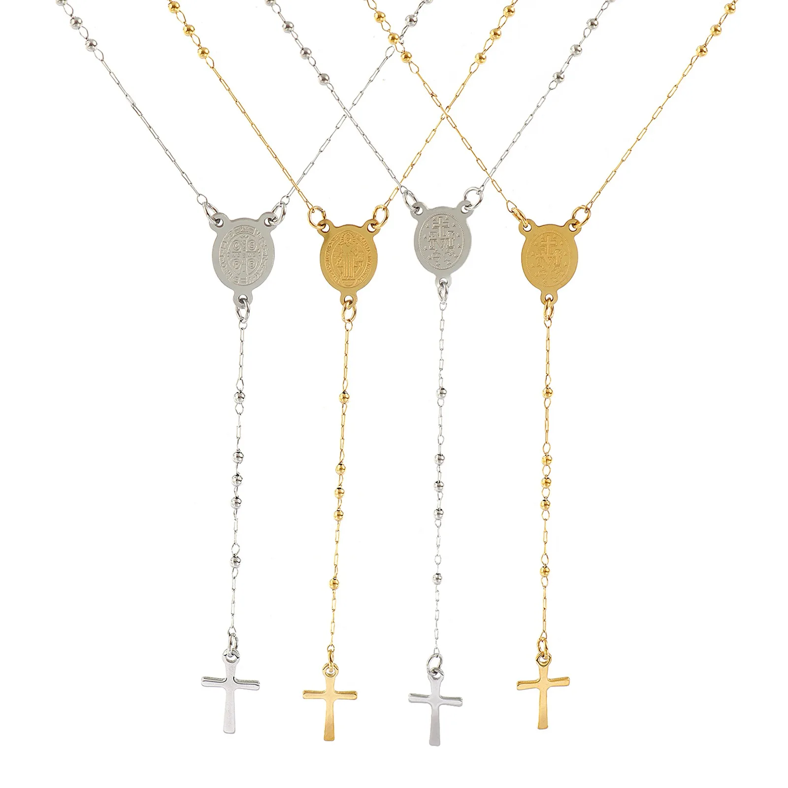 1pc Religiöse Edelstahl Halskette Mehrfarbige Perlen Kette Kreuz Gebetskette Rosenkranz Halskette Frauen Schmuck 53-66cm lang – Detail 1