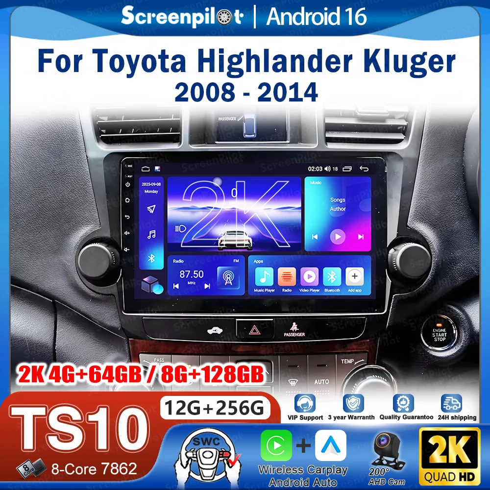 Android 16 Car Radio Stereo Head Unit For Toyota Highlander Kluger 2008-2014 Multimedia Video Player GPS Navigation Touch Screen