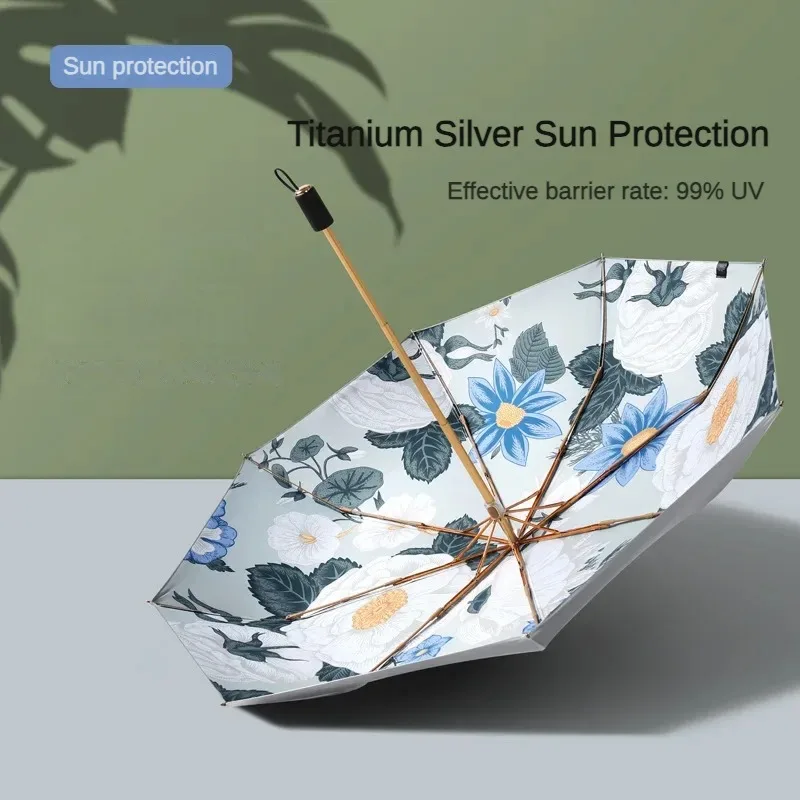 Sunshade Folding Umbrella for Women, Thickened Titanium Silver Cloths, Anti Sun UV, Windproof Waterproof, Rain Umbrellas Parasol