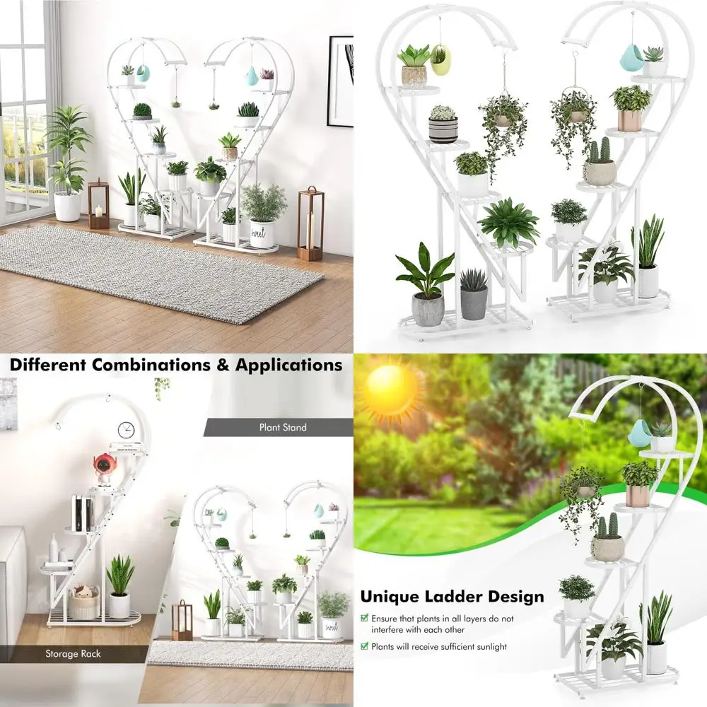 

6-Tier Metal Heart-Shape Ladder Plant Stand with 12 Shelves and 6 Hooks, Indoor Multipurpose Hanging Storage
