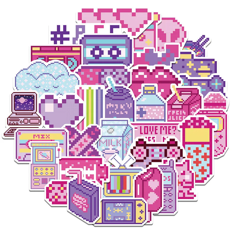 50PCS Hot Selling INS Pixel Style Stickers High Beauty Cute Girl Heart Handheld Account Luggage Decoration Waterproof Sticker