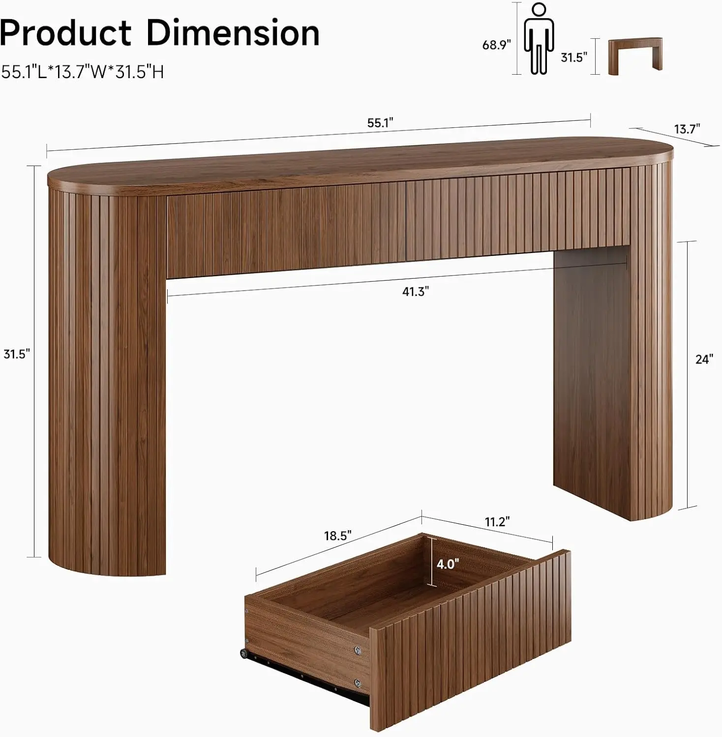 55 Inch Console Table with 2 Drawers, Fluted Entryway Tables with Storage, Sofa Table Behind The Couch, Hallway Tables