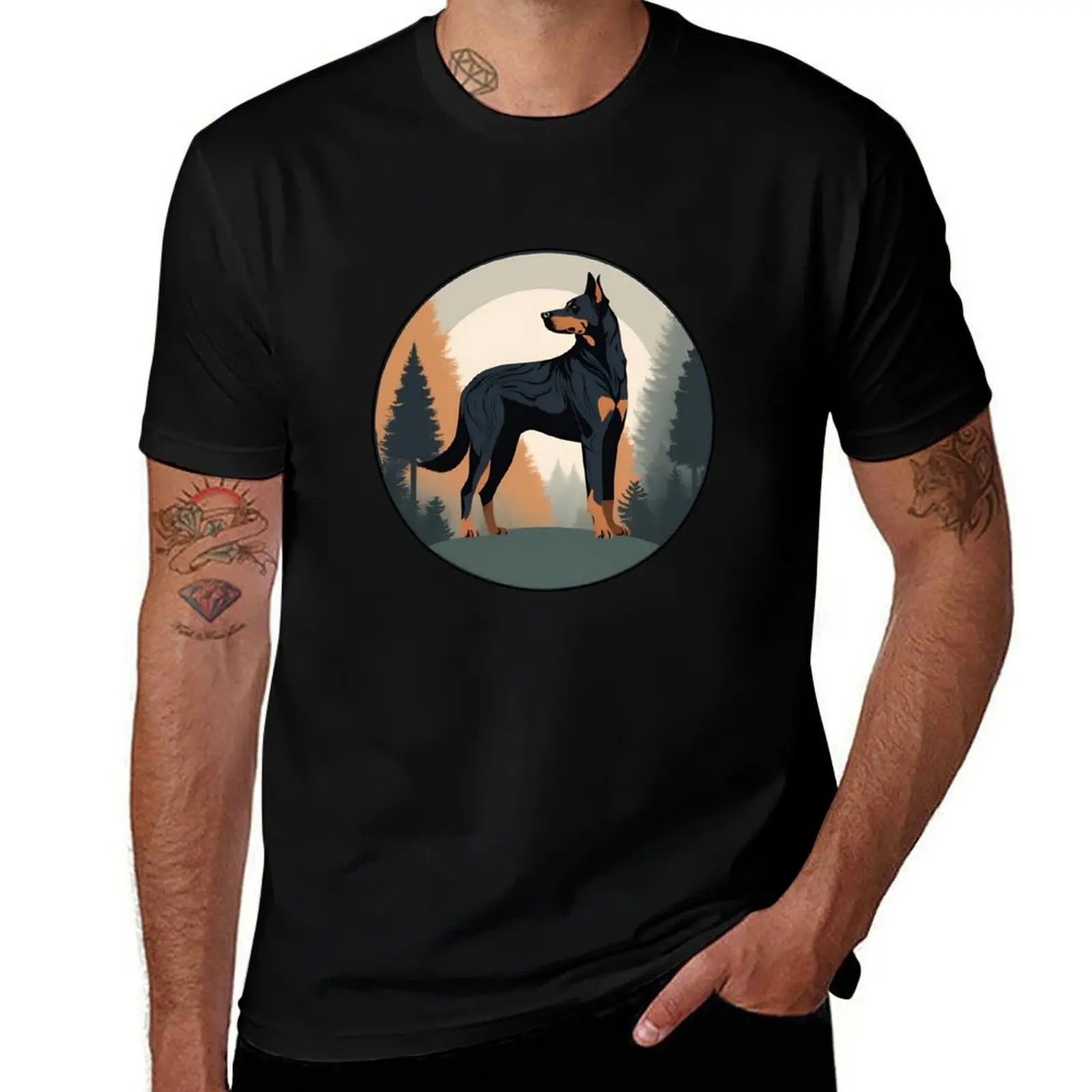 

Beauceron Silhouette in Forest Circle Frame - Elegant Nature-Inspired Design T-Shirt t shirts for man graphic funny T-Shirt