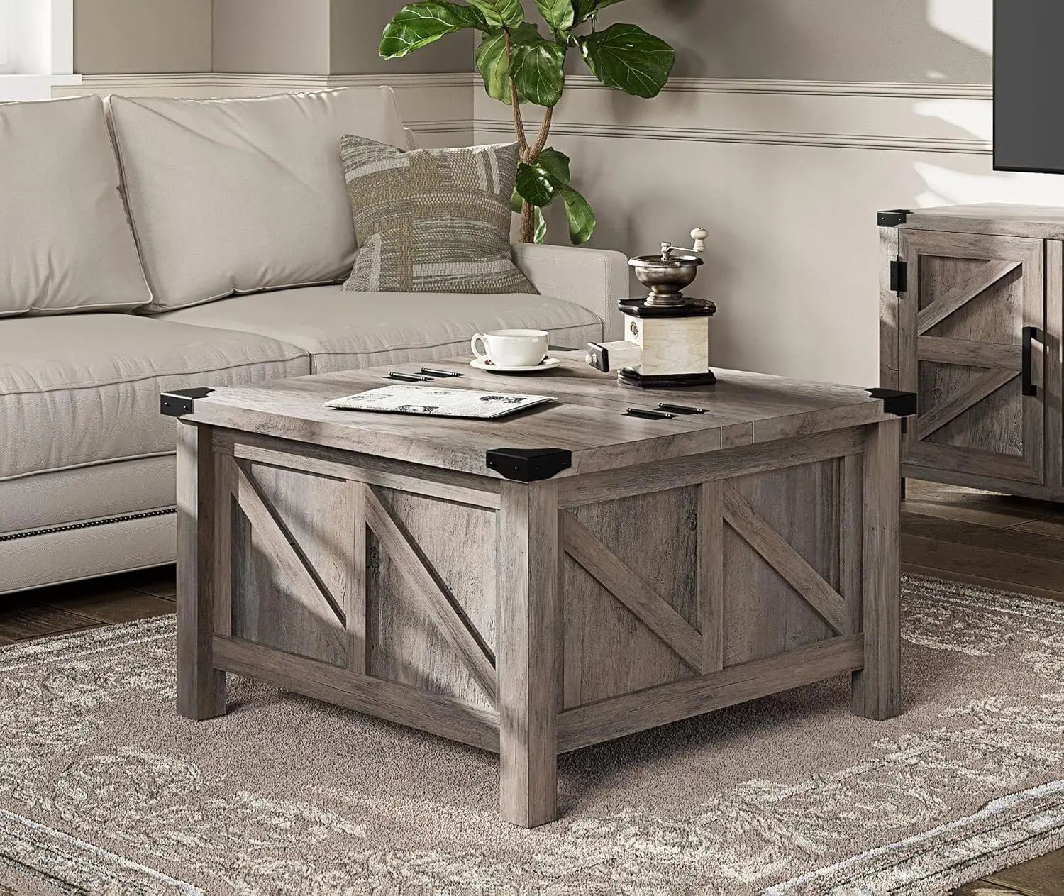 

Modern Farmhouse Coffee Table, Square Wood Center Table with Gas Struts Lift-Top for Extra Large Hidden Storage, Grey