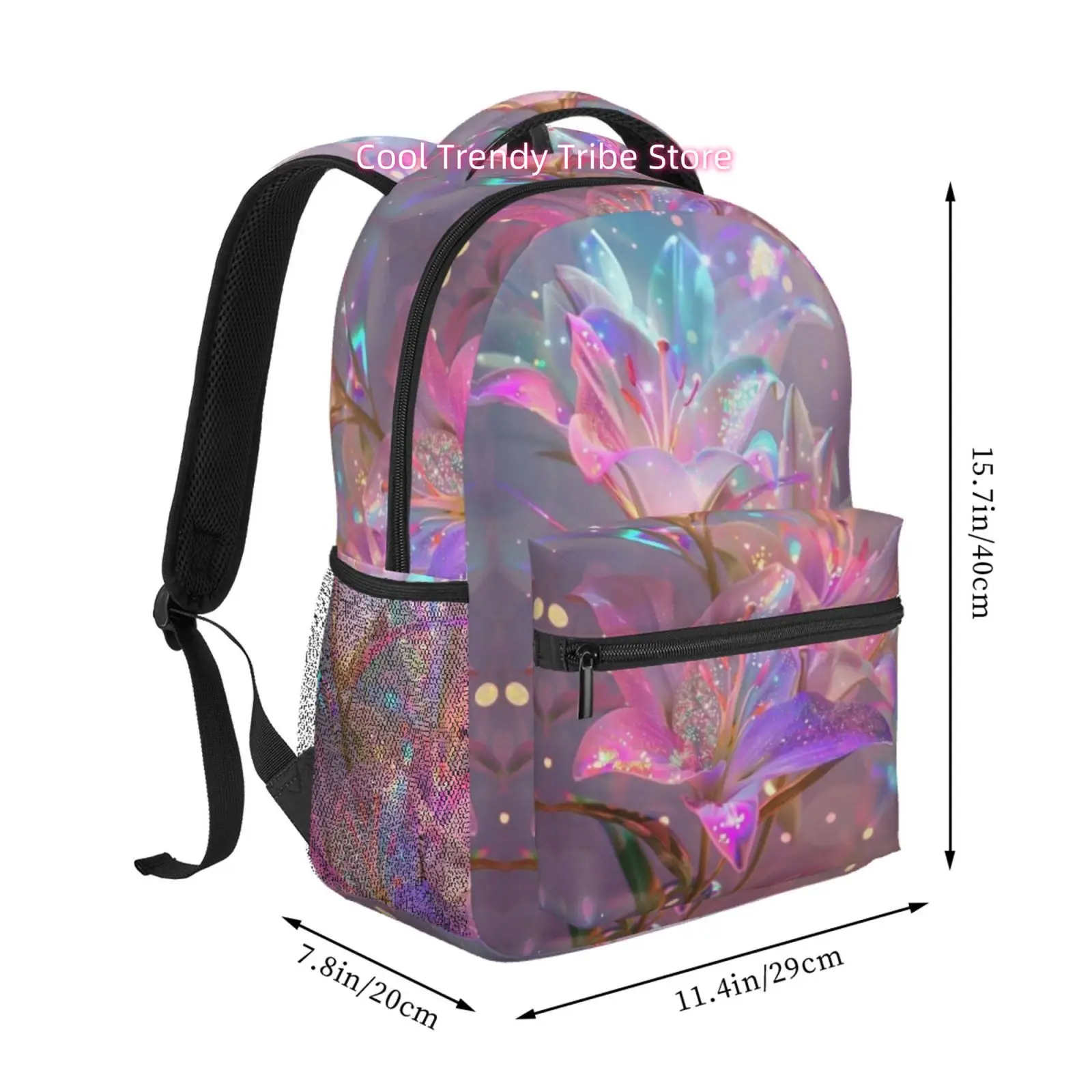 Iridescent Glowing Lilies Print Backpack - High Quality Oxford Cloth Bookbag with Adjustable Straps & Iridescent Lily Flower, Li