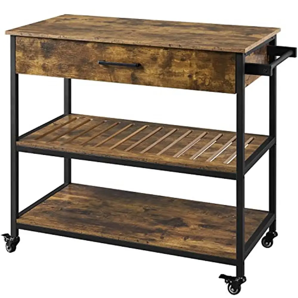 

Rolling Kitchen Island Cart with Storage Shelf Towel Bar and Drawer 40" Home Rustic Organizer Dining Room Organizer Wheel Shelf