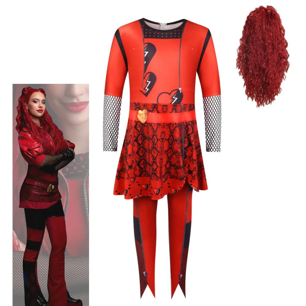 Halloween Descendants 4 The Rise of Red Cosplay Costume for Girls Carnival Disguise Party The Same Red Bodysuit Suit and Wig set